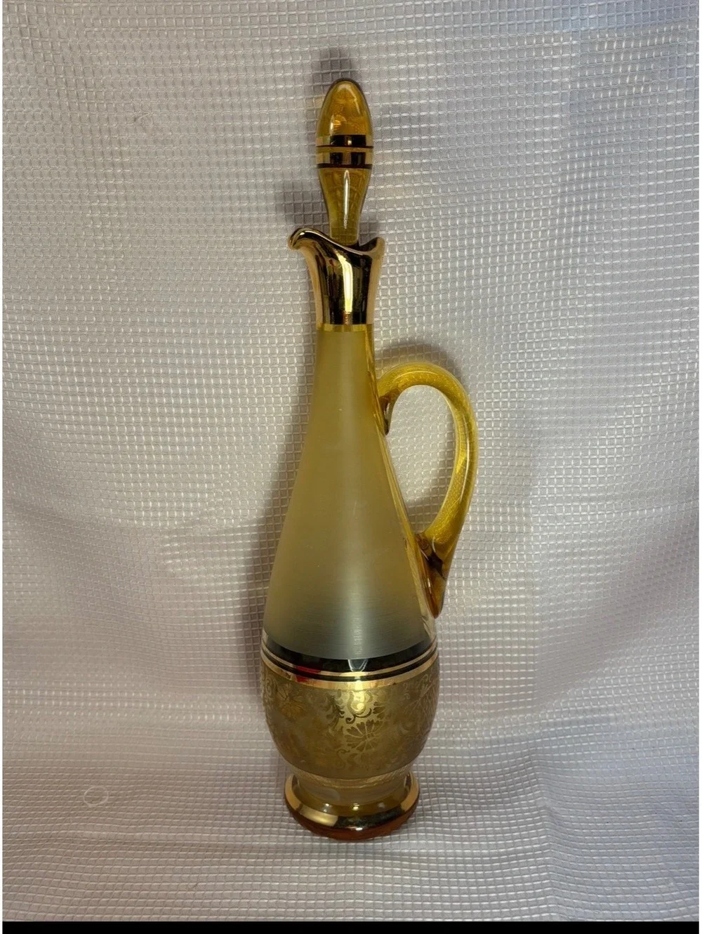 12 - MCM Bohemian amber frosted glass decanter & gold gilding matching stopper